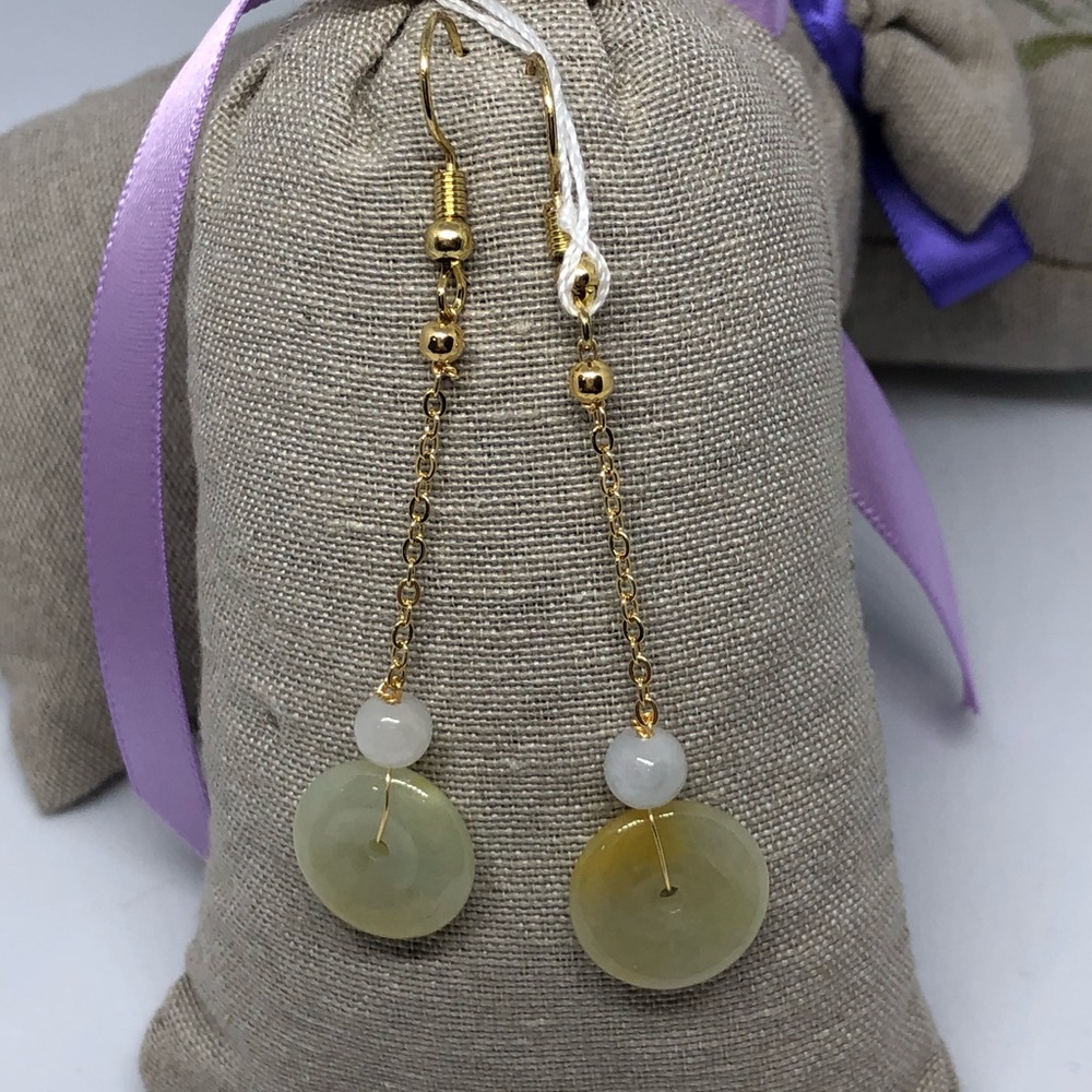 14K yellow gold earrings with golden yellow jade